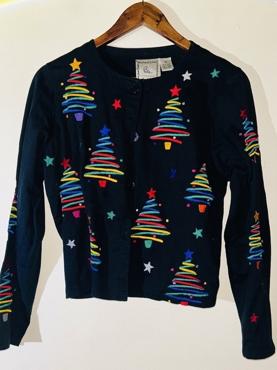 Michael Simon Sweaters - VTG Michael Simon Lite Black Cardigan Rainbow Ribbon Christmas Trees SIZE MEDIUM